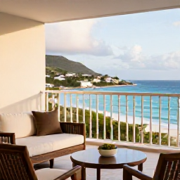 Caribbean Holidays, March Spa Breaks, Luxury wellness hotel balcony with ocean view and soft morning light on Saint Barth&eacute;lemy