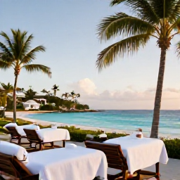 Caribbean Holidays, March Spa Breaks, Relaxing beachfront spa treatment at a luxury resort on Saint Martin, with palm trees, turquoise sea and gentle morning light