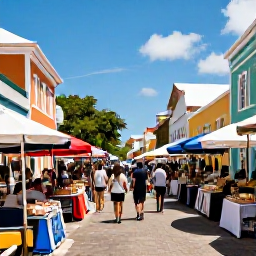 Caribbean Holidays, March Tours, A colourful open-air market and historic streets in Charlotte Amalie, St Thomas, filled with visitors on a sunny day