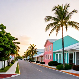 Caribbean Holidays, March Tours, A guided walking tour through historic Cockburn Town on Grand Turk, showing pastel buildings, quiet streets and tropical vegetation in warm afternoon light