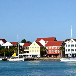 Caribbean Holidays, March Tours, A historic waterfront in Christiansted, St Croix, with colourful buildings, palm trees and small boats in the harbour