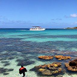 Caribbean Holidays, March Tours, A small excursion boat passing through clear shallow water near Providenciales, with snorkellers exploring a colourful coral reef beneath a sunny Caribbean sky