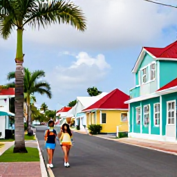 Caribbean Holidays, March Tours, Happy travellers walking through a colourful Caribbean town street on Saint Martin with palm trees and bright buildings
