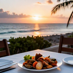 Caribbean Holidays, March Tours, Outdoor table at a Caribbean restaurant in Grand Case with local seafood and a sunset sea view