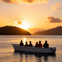 Caribbean Holidays, March Tours, Travellers enjoying a small Caribbean boat tour at sunset near the United States Virgin Islands