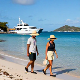 Caribbean Holidays, March Walking Holidays, A friendly couple preparing for a Caribbean walk with water, sun hats and comfortable shoes near a colourful United States Virgin Islands harbour