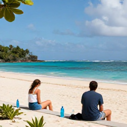 Caribbean Holidays, March Walking Holidays, A friendly couple resting beside a tropical beach walking route with water bottles and a wide Caribbean view