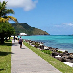 Caribbean Holidays, March Walking Holidays, A peaceful coastal path on Bequia in the Grenadines, with walkers, turquoise water, a small harbour and palm-fringed hills