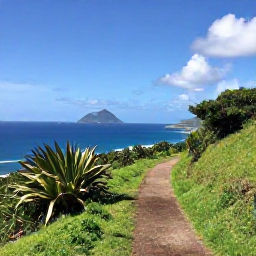 Caribbean Holidays, March Walking Holidays, A peaceful green hillside trail on Saint Martin overlooking the Caribbean coastline, with tropical plants and distant islands