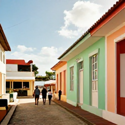 Caribbean Holidays, March Walking Holidays, A relaxed Caribbean village street with colourful buildings, a small caf&eacute; and walkers exploring in warm afternoon sunshine