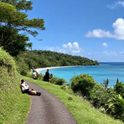 Caribbean Holidays, March Walking Holidays, A scenic Caribbean hillside path overlooking a blue bay, with walkers resting beside tropical greenery