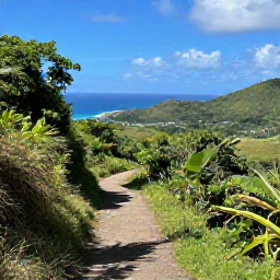 Caribbean Holidays, March Walking Holidays, A scenic walking trail through lush tropical hills on Saint Kitts, with the Caribbean Sea in the distance and gentle March sunshine