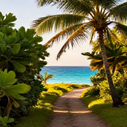 Caribbean Holidays, March Walking Holidays, A sunny coastal walking trail through lush Caribbean vegetation, with turquoise sea, palm trees and warm morning light