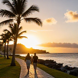 Caribbean Holidays, March Walking Holidays, A sunset walk beside the Caribbean Sea on Saint Martin, with golden light, palm trees and a relaxed holiday atmosphere
