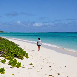 Caribbean Holidays, March Walking Holidays, A walker following a quiet sandy beach on Providenciales in bright March sunshine, turquoise water and low scrub nearby