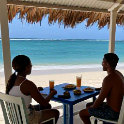 Caribbean Holidays, March Walking Holidays, Friendly walkers resting at a small Caribbean beach caf&eacute; on Saint Kitts, with walking shoes, local food and sea views