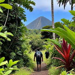 Caribbean Holidays, March Walking Holidays, Hikers walking through lush rainforest on Saint Vincent, with a clear trail, tropical plants and views towards a volcanic mountain