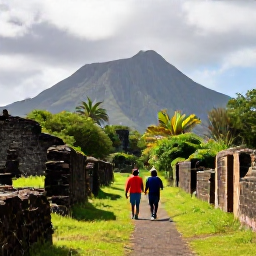 Caribbean Holidays, March Walking Holidays, Walkers exploring a historic sugar estate path on Saint Kitts, with stone ruins, tropical vegetation and volcanic mountains behind