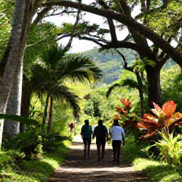 Caribbean Holidays, March Walking Holidays, Walkers following a forest path beneath tropical trees, with filtered sunlight, colourful plants and distant Caribbean hills