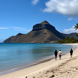 Caribbean Holidays, March Walking Holidays, Walkers following a sandy beach on Sint Maarten with calm blue water, palm trees and dramatic coastal hills