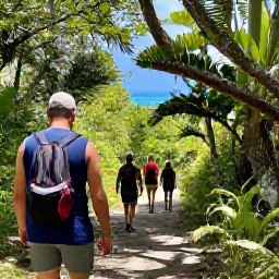 Caribbean Holidays, March Walking Holidays, Walkers following a shaded forest path through Virgin Islands National Park on Saint John, with tropical trees and glimpses of the Caribbean Sea