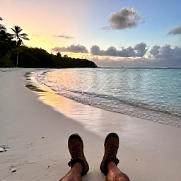 Caribbean Holidays, March Walking Holidays, Walkers relaxing beside a quiet Caribbean beach in Saint Vincent and the Grenadines, with hiking boots, clear water and a colourful sunset