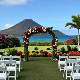 Caribbean Holidays, March Weddings, A beautifully arranged outdoor wedding ceremony in a Montserrat garden overlooking the Caribbean Sea, with tropical flowers and volcanic scenery