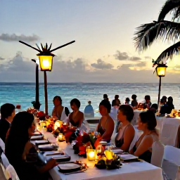 Caribbean Holidays, March Weddings, A Caribbean wedding reception at sunset in March, with long tables, tropical flowers, lanterns and guests dining beside the sea