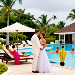 Caribbean Holidays, March Weddings, A happy wedding couple and their friends relaxing beside a Dominican Republic resort pool and tropical gardens in March