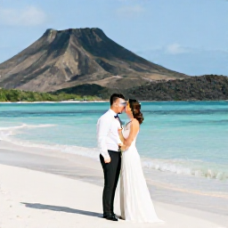Caribbean Holidays, March Weddings, A happy wedding couple standing on a quiet Montserrat beach in warm March sunshine, with volcanic hills and turquoise Caribbean water behind them