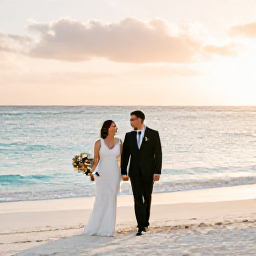 Caribbean Holidays, March Weddings, A happy wedding couple walking along a white sandy beach in Aruba at sunset, with calm turquoise sea and soft golden light