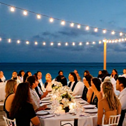 Caribbean Holidays, March Weddings, A joyful wedding reception in The Bahamas, with guests dining outdoors beneath string lights near the sea at dusk