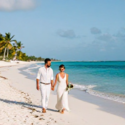 Caribbean Holidays, March Weddings, A newly married couple walking along a Caribbean beach in warm March sunshine, with turquoise water, soft white sand and palm trees