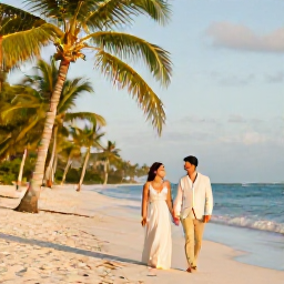 Caribbean Holidays, March Weddings, A newly married couple walking along a palm-fringed Caribbean beach in the Dominican Republic during warm March sunshine
