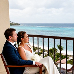 Caribbean Holidays, March Weddings, A newlywed couple enjoying a peaceful Caribbean holiday after their March wedding, relaxing on a balcony overlooking the sea