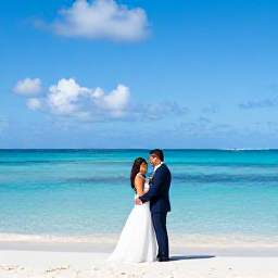 Caribbean Holidays, March Weddings, A relaxed beach wedding in The Bahamas in March, with a bride and groom beside turquoise water, soft white sand and a bright blue sky