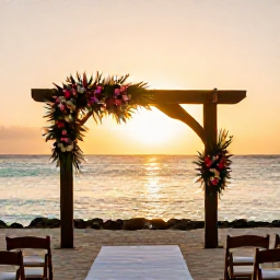 Caribbean Holidays, March Weddings, A romantic Bahamian wedding ceremony at sunset, with tropical flowers, wooden chairs, calm turquoise sea and warm golden light