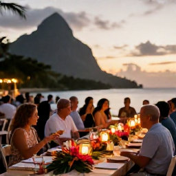 Caribbean Holidays, March Weddings, A wedding reception at sunset in Montserrat, with guests dining at long tables decorated with tropical flowers and lanterns