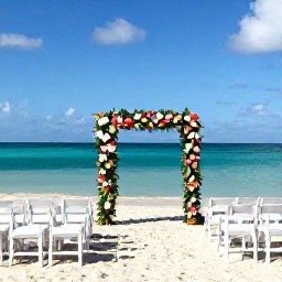 Caribbean Holidays, March Weddings, An elegant beach wedding ceremony in Aruba with white chairs, tropical flowers, turquoise water and a bright blue sky