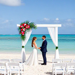 Caribbean Holidays, March Weddings, An elegant Caribbean beach wedding ceremony in March, with white chairs, simple tropical flowers, turquoise sea and a couple exchanging vows