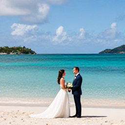 Caribbean Holidays, March Weddings, Bride and groom beside a turquoise Caribbean sea on a sunny March day in the United States Virgin Islands