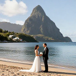 Caribbean Holidays, March Weddings, Bride and groom exchanging vows beside a calm Caribbean Sea beach in Saint Lucia during a sunny March afternoon