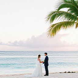 Caribbean Holidays, March Weddings, Bride and groom exchanging vows beside a calm turquoise sea on a Martinique beach in March, with palms and soft morning light