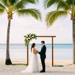 Caribbean Holidays, March Weddings, Bride and groom exchanging vows on a sunny beach in Trinidad and Tobago in March, with palm trees, calm turquoise sea and elegant simple wedding d&eacute;cor