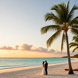 Caribbean Holidays, March Weddings, Bride and groom on a quiet white-sand beach in Cuba at sunset, with palm trees and turquoise sea