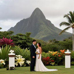 Caribbean Holidays, March Weddings, Bride and groom posing for wedding photographs in a lush tropical garden with Mount Liamuiga in the distance