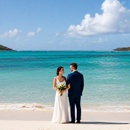 Caribbean Holidays, March Weddings, Bride and groom standing beside a turquoise Caribbean sea on a sunny British Virgin Islands beach in March
