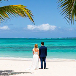 Caribbean Holidays, March Weddings, Bride and groom standing on a quiet white-sand beach in Turks and Caicos during a bright March afternoon, turquoise sea and gentle palms