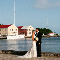 Caribbean Holidays, March Weddings, Bride and groom taking wedding photographs beside historic Nelson's Dockyard in Antigua, with yachts and pastel buildings