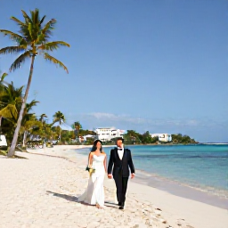 Caribbean Holidays, March Weddings, Bride and groom walking along a quiet sandy beach with palm trees and clear water in Saint Martin